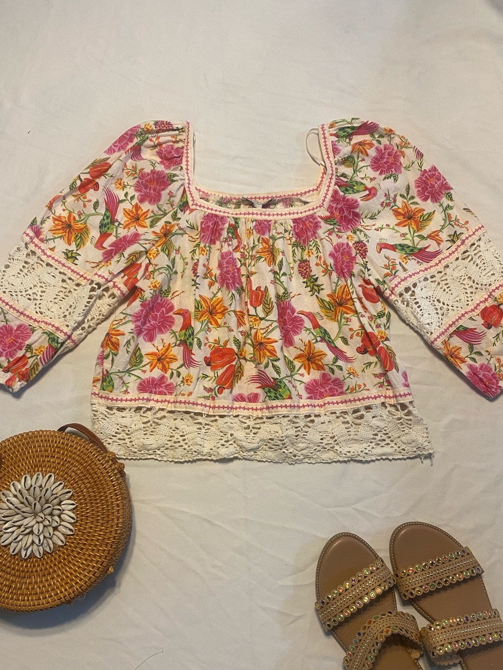 Rachel Zoe Square Neck Crochet-Trim Aviary Blouse Floral Boho Resort Festival